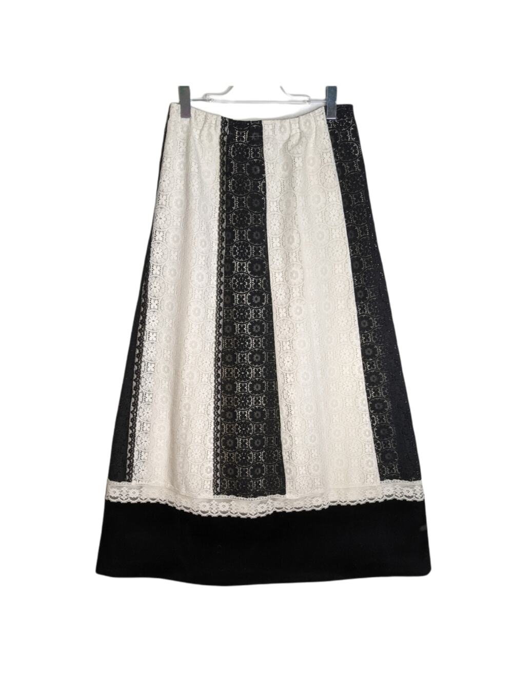 Tumbleweeds 70's VTG Maxi Skirt White Black Lace Black Velvet Hem Boho Western
